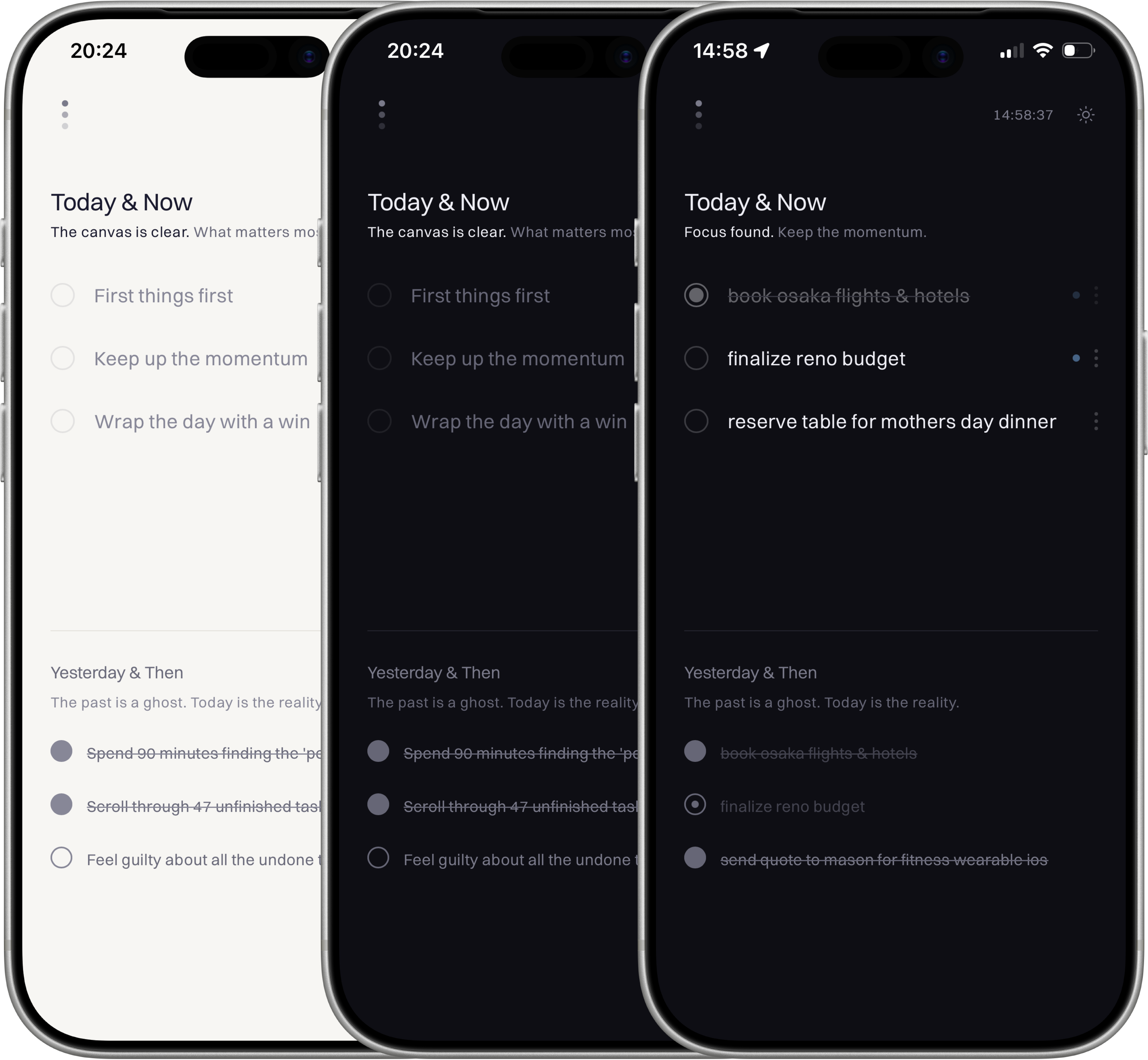 3 iphone mocks showing kyo first-time ux interface in light and dark mode, and 2 carried-forward tasks and 1 new task today