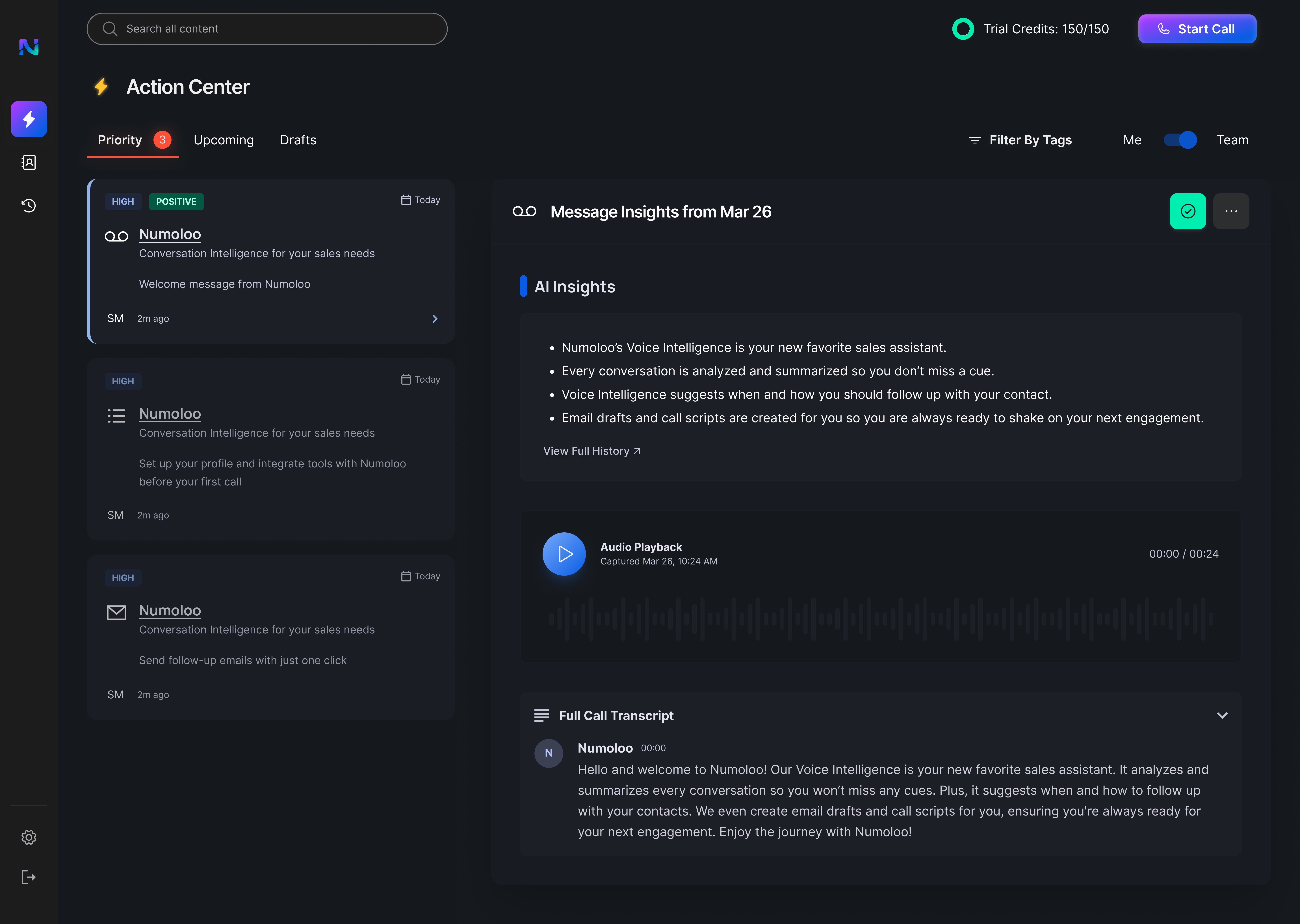 Interactive demo showing AI insights from a voicemail, a welcome message from Numoloo