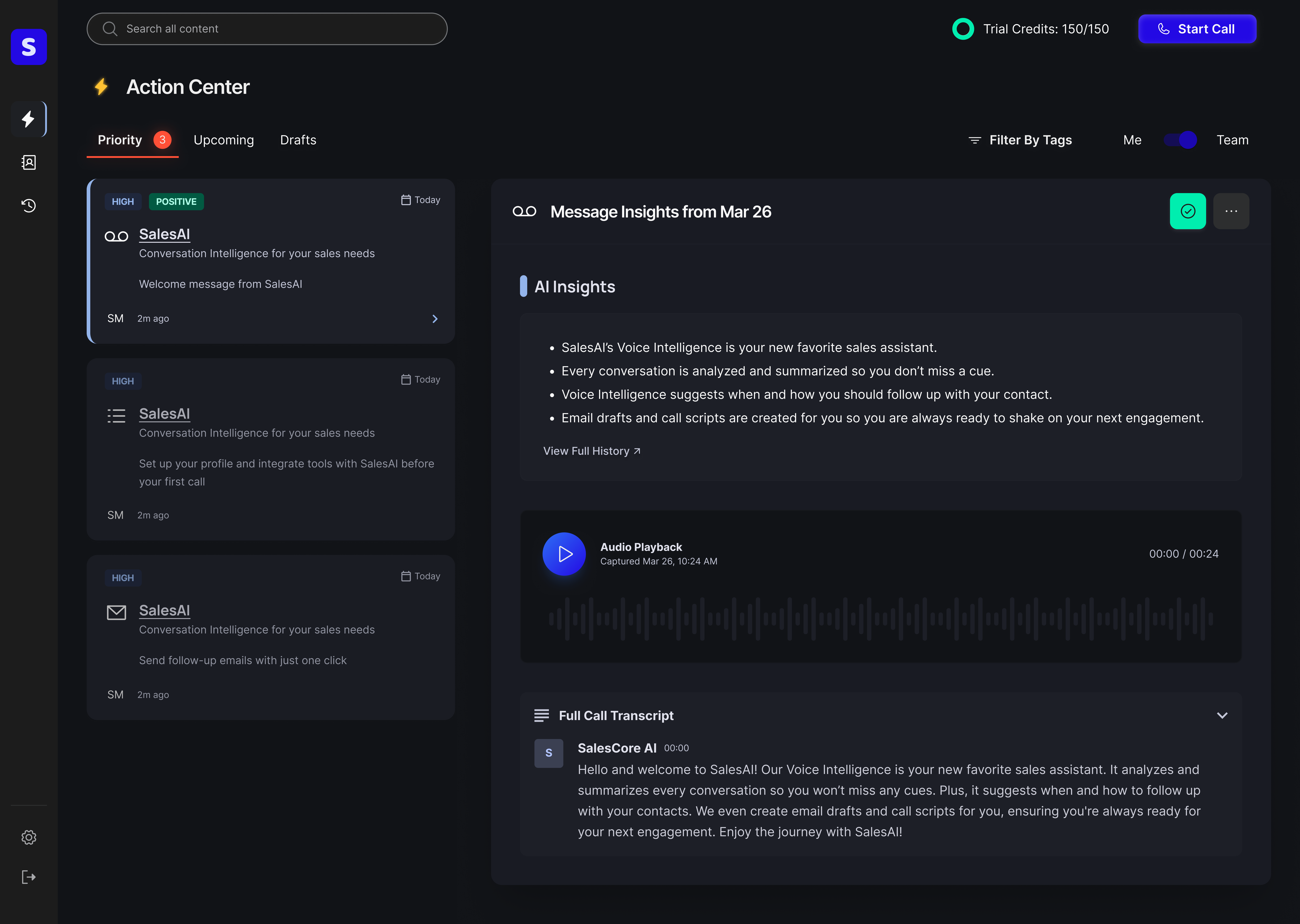 Interactive demo showing AI insights from a voicemail, a welcome message from SalesAI