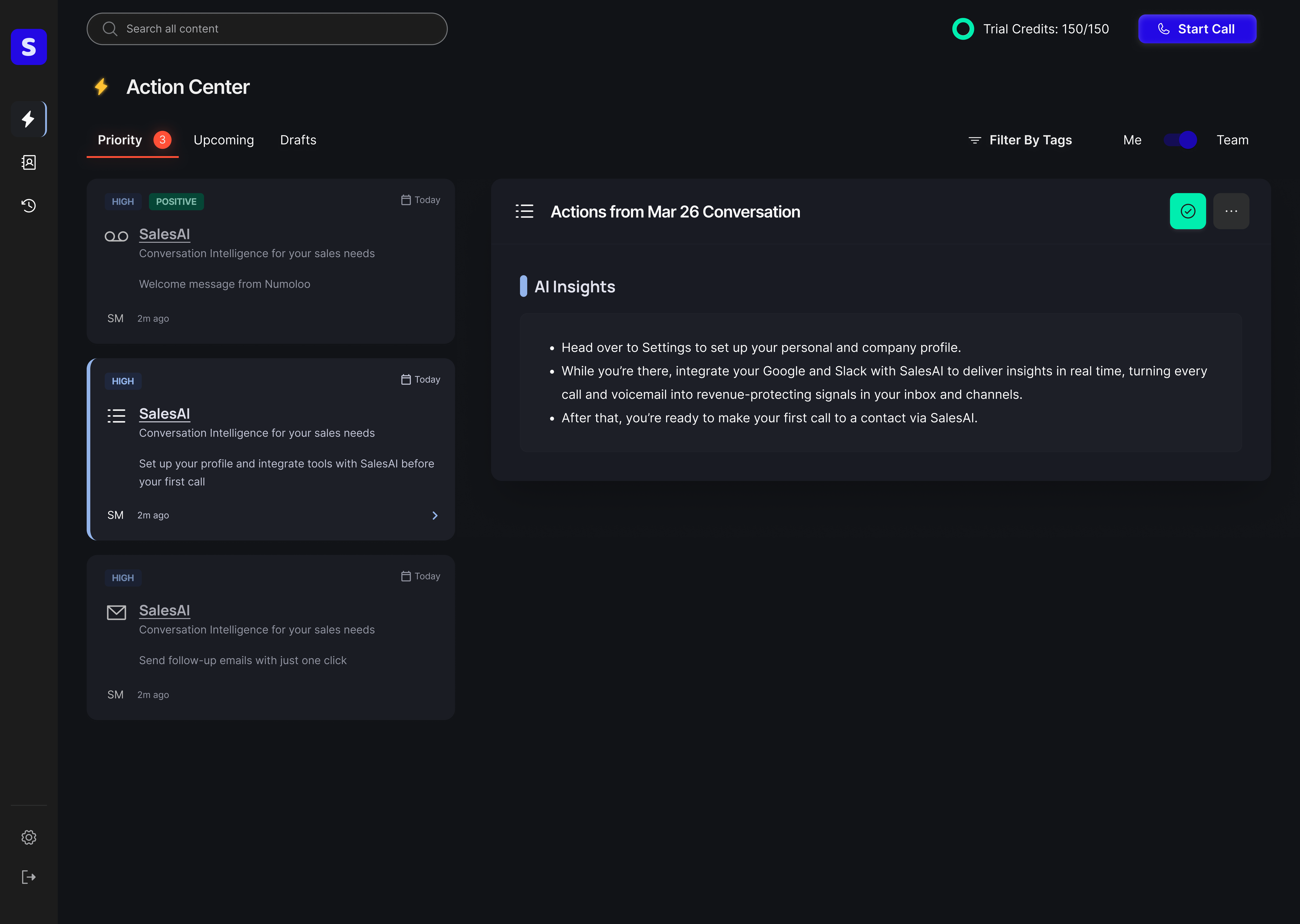 Demo prompting users to connect SalesAI to their Gmail and Slack