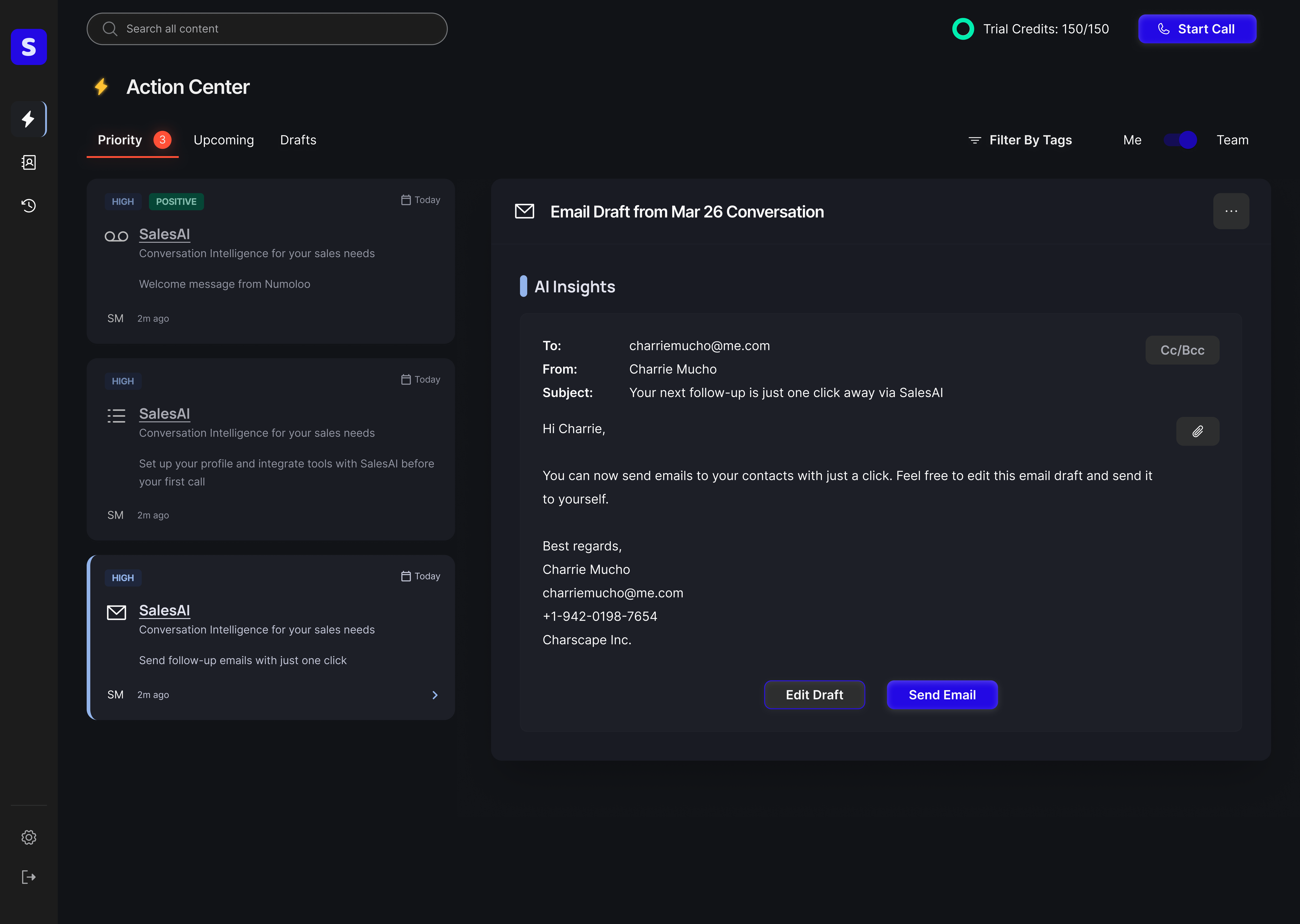 Demo showing an email draft addressed to the user ready for click-to-send